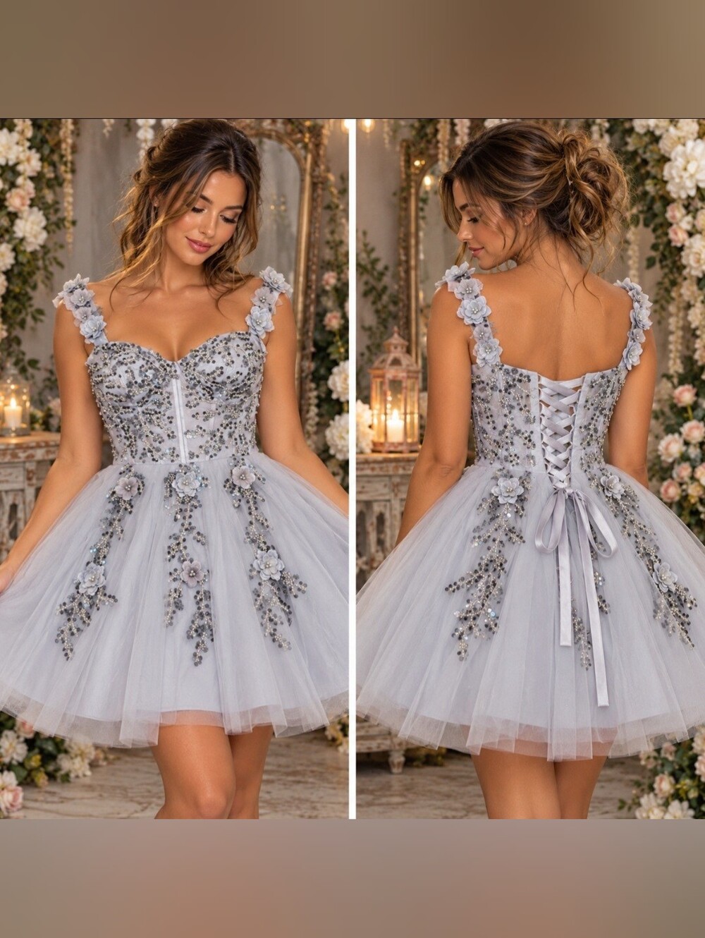 Bridal Silver Gray Beaded Floral Pearls Corset Tulle Homecoming Party Dress S 6